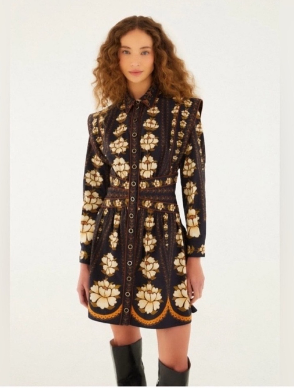 FARM Rio Black Mini Dress with Cream & Gold Floral Motif
